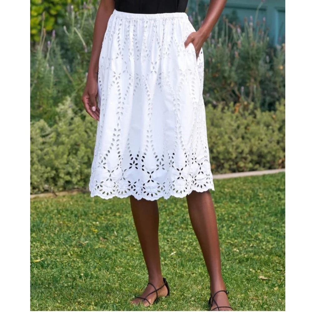 Frank & Eileen Grace Eyelet Midi Skirt Women L White Cotton Scalloped Hem